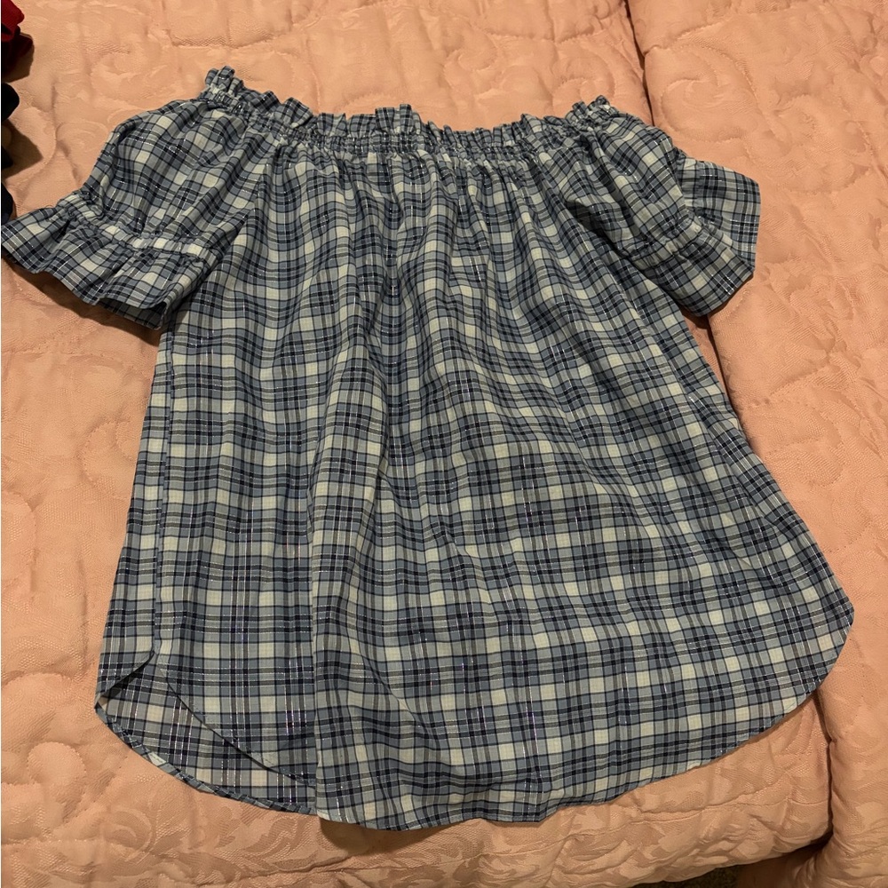 Michael Kors Blue Plaid Off-Shoulder Top